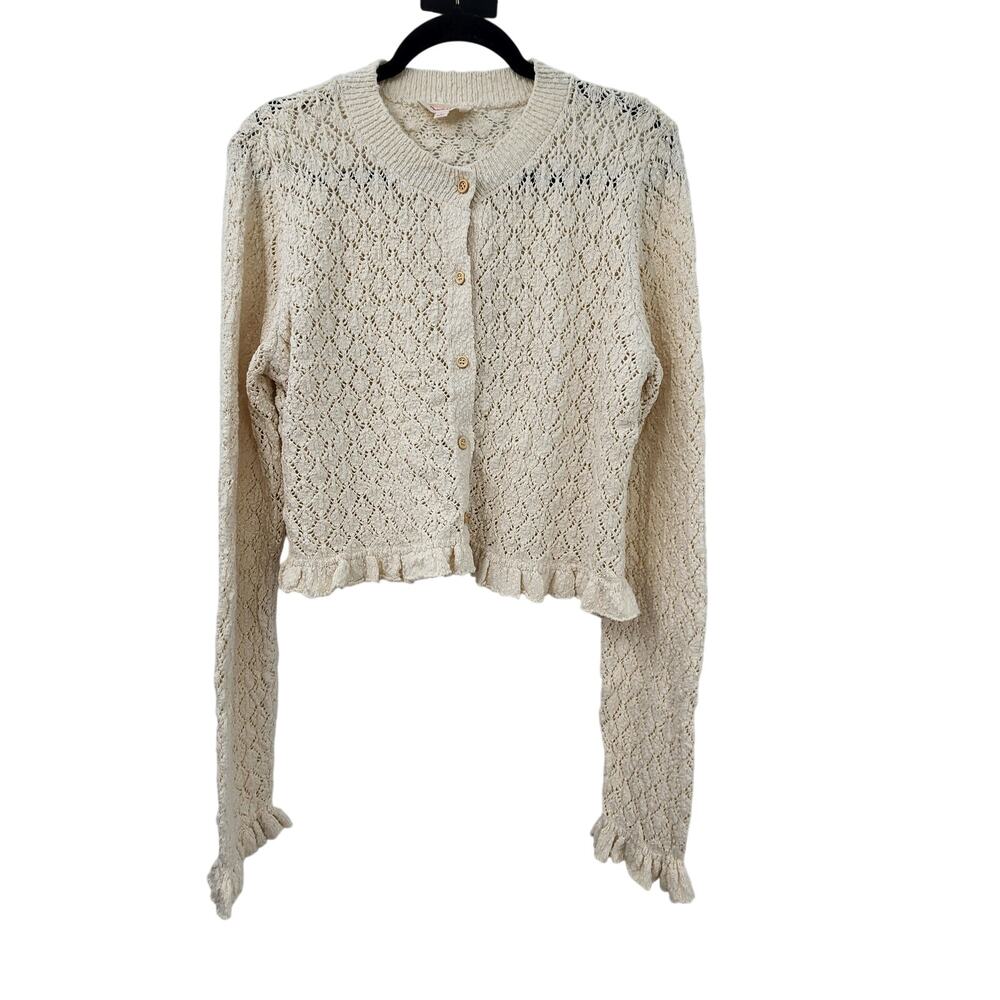 New NWOT Peach Love Dainty Long Sleeve Open Knit Cardigan Sweater Large White